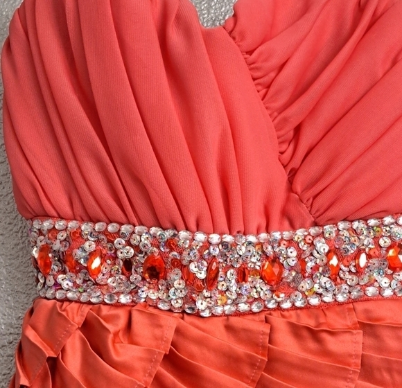 NWT Sequin Hearts Orange Strapless Ruffled Mini Dress Size 7 - Picture 3 of 7
